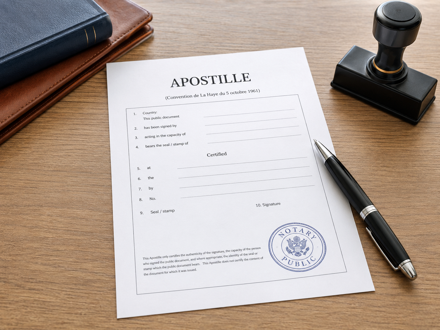 Documento de apostilla sobre escritorio con sello notarial y bolígrafo