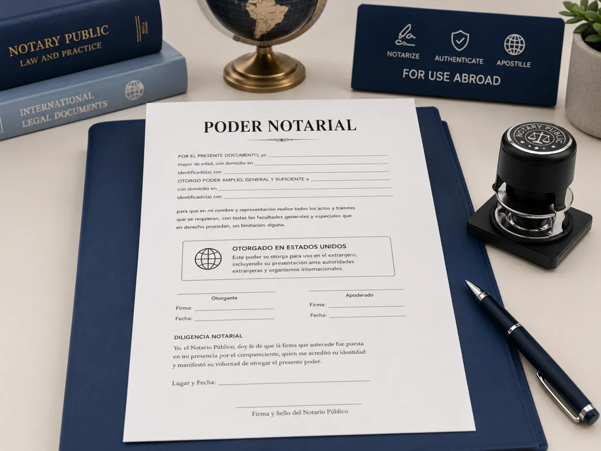 Poder notarial, sello de notario y elementos de apostilla para uso internacional